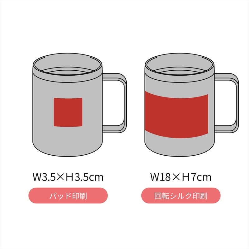 ランジュ真空ステンレスマグカップ450ml パッド印刷と回転シルク印刷での名入れ箇所イメージ