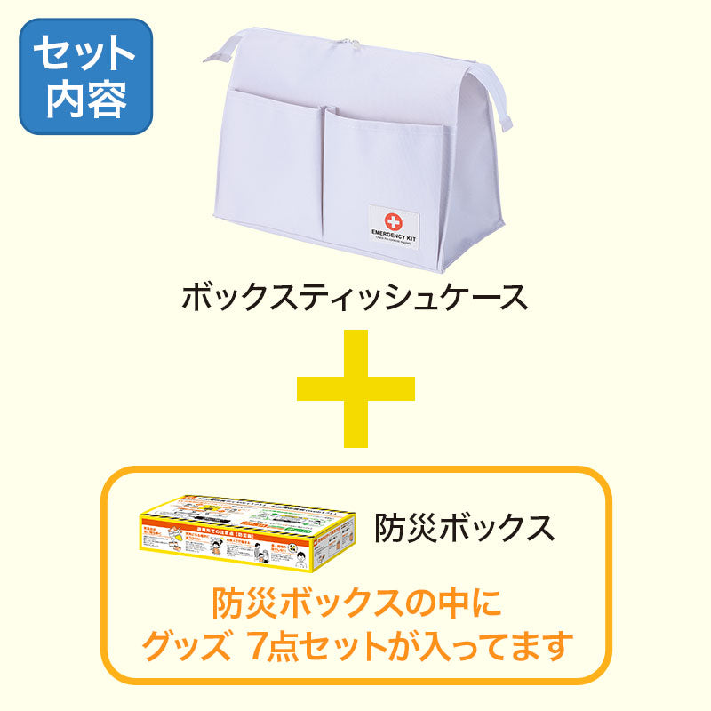 ボックスティッシュケースに入った防災7点セット