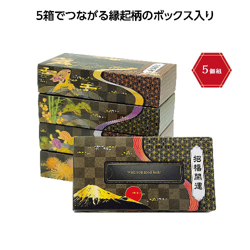招福開運エコ寸BOXティッシュ100W5個組は5箱でつながる縁起柄のボックスです