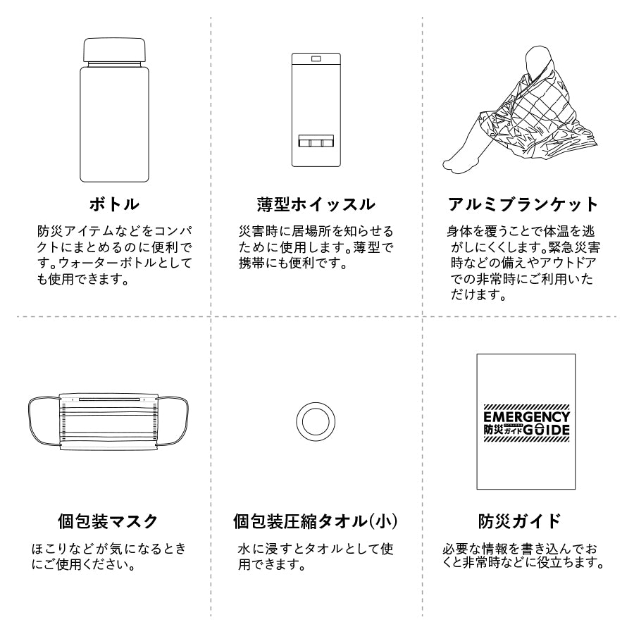 防災緊急6点セット コンパクトボトルタイプ ブラック