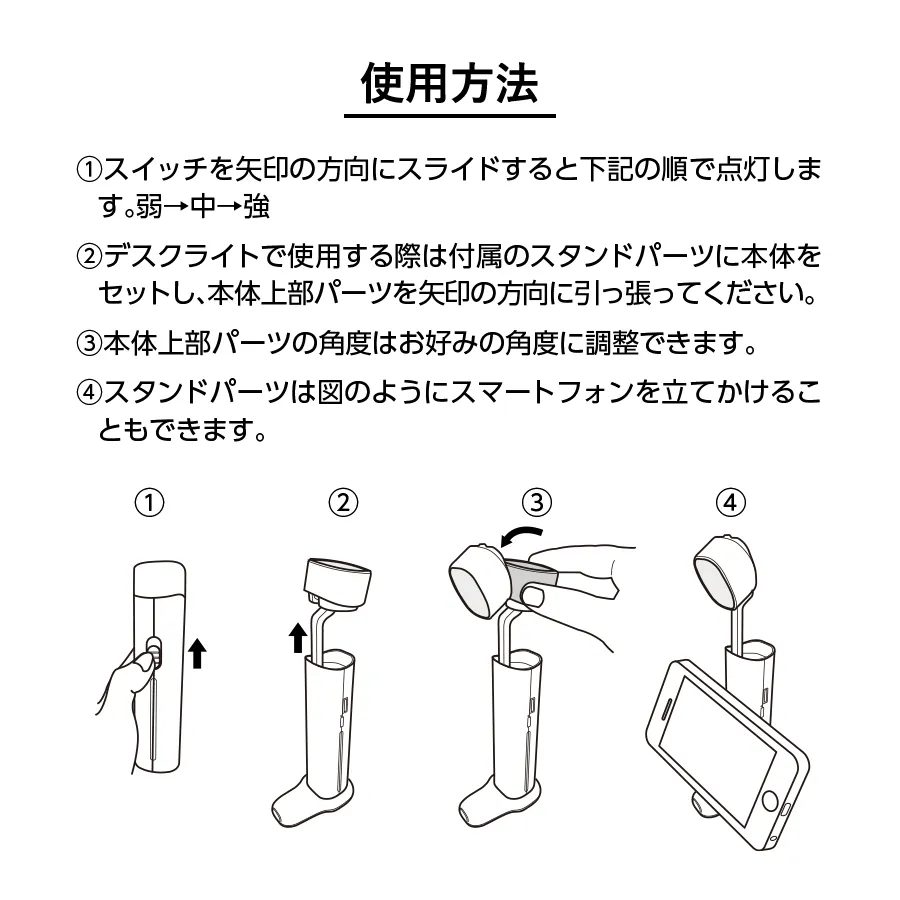 デスクライトにもなるUSBハンディライト