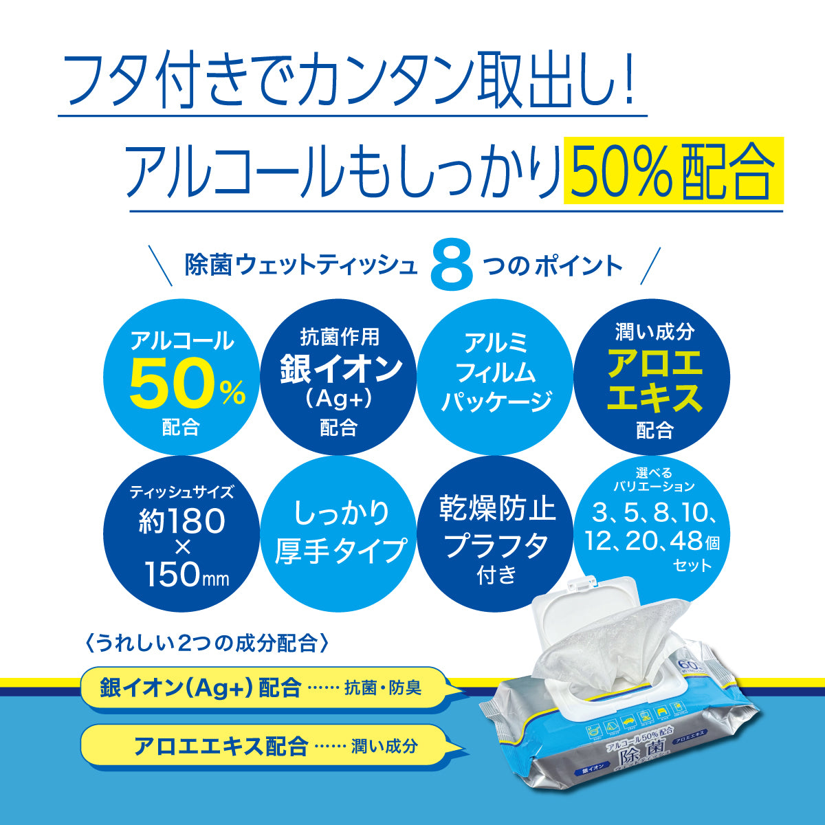 除菌ウェットティッシュ アルコール濃度50% 銀イオン アロエエキス