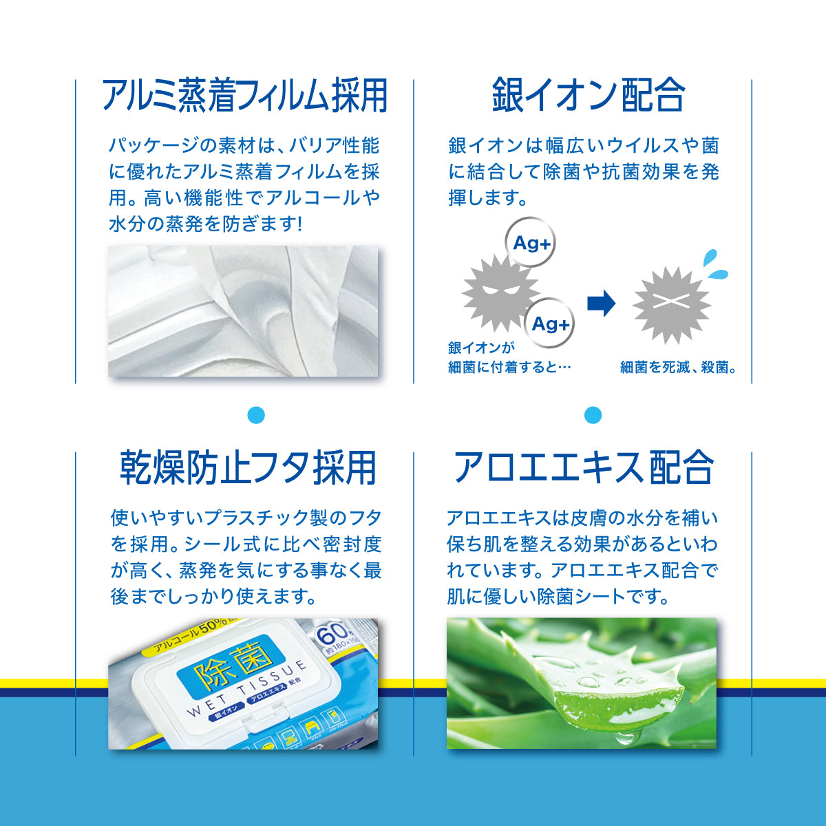 除菌ウェットティッシュ アルコール濃度50% 銀イオン アロエエキス