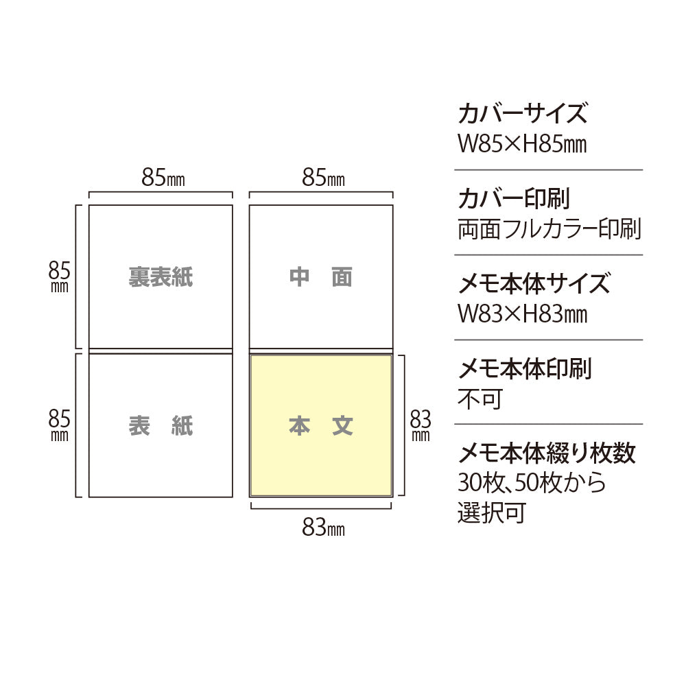 クイック表紙カバー付メモ スクエア85【メモ本体印刷なし】 各サイズ