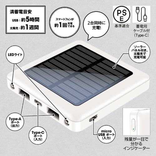 ソーラーパネル付きモバイルバッテリー5000はスマートフォンが約1回充電できます