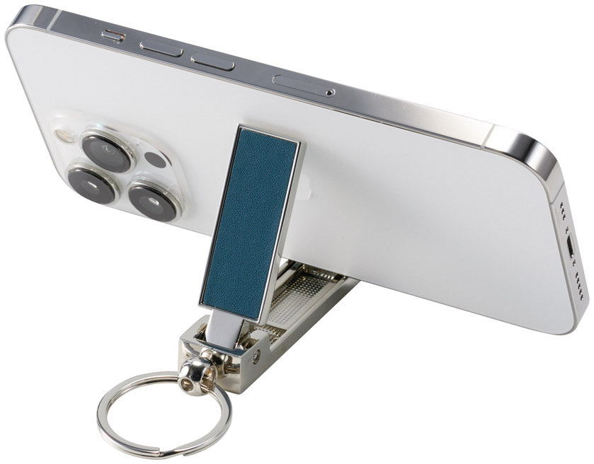 バッグハンガーになるスマホスタンド　スマホを置いたイメージ　ブルー