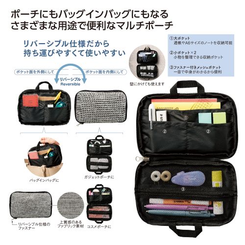 リバーシブルに使えるマルチポーチはバッグインバッグにもなります