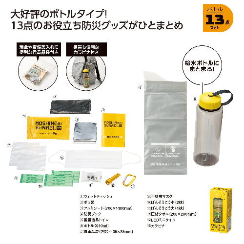 モシモニソナエル　 防災ボトル13点セットはお役立ち防災グッズがひとまとめになったボトルです