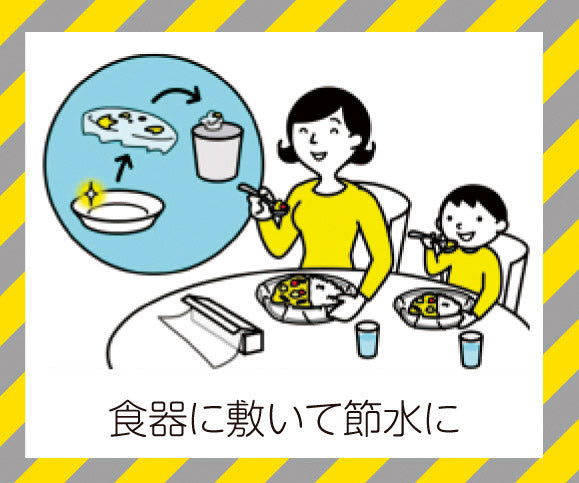 もしもにも役立つ×ｻﾗﾝﾗｯﾌﾟ22㎝×15m裏面　災害時の活用法　食器に敷いて節水に