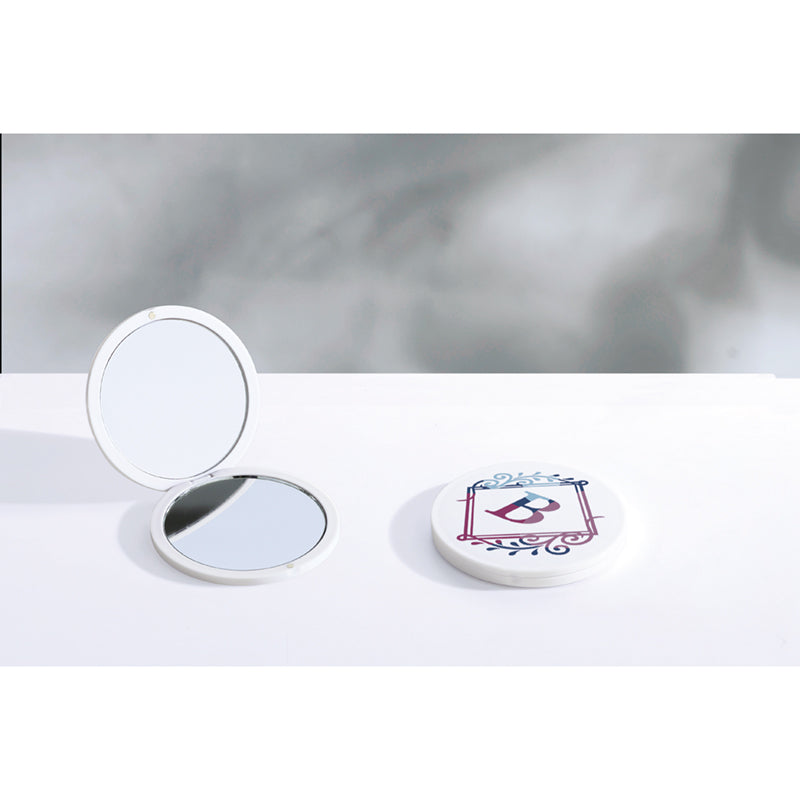 サークル ダブルコンパクトミラー　左：コンパクトを開いているミラー　右：フルカラー印刷をしたミラー