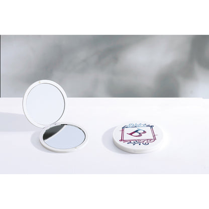 サークル ダブルコンパクトミラー　左：コンパクトを開いているミラー　右：フルカラー印刷をしたミラー
