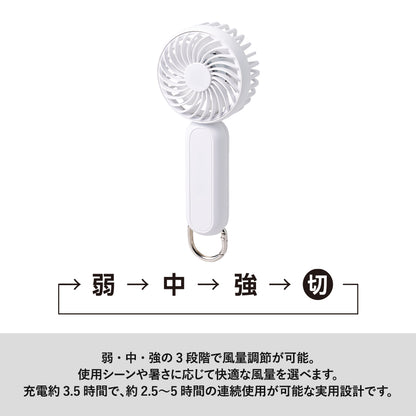 カラビナ付コンパクトハンディファン（準固体使用）は弱、中、強の三段階で風量調節可能です
