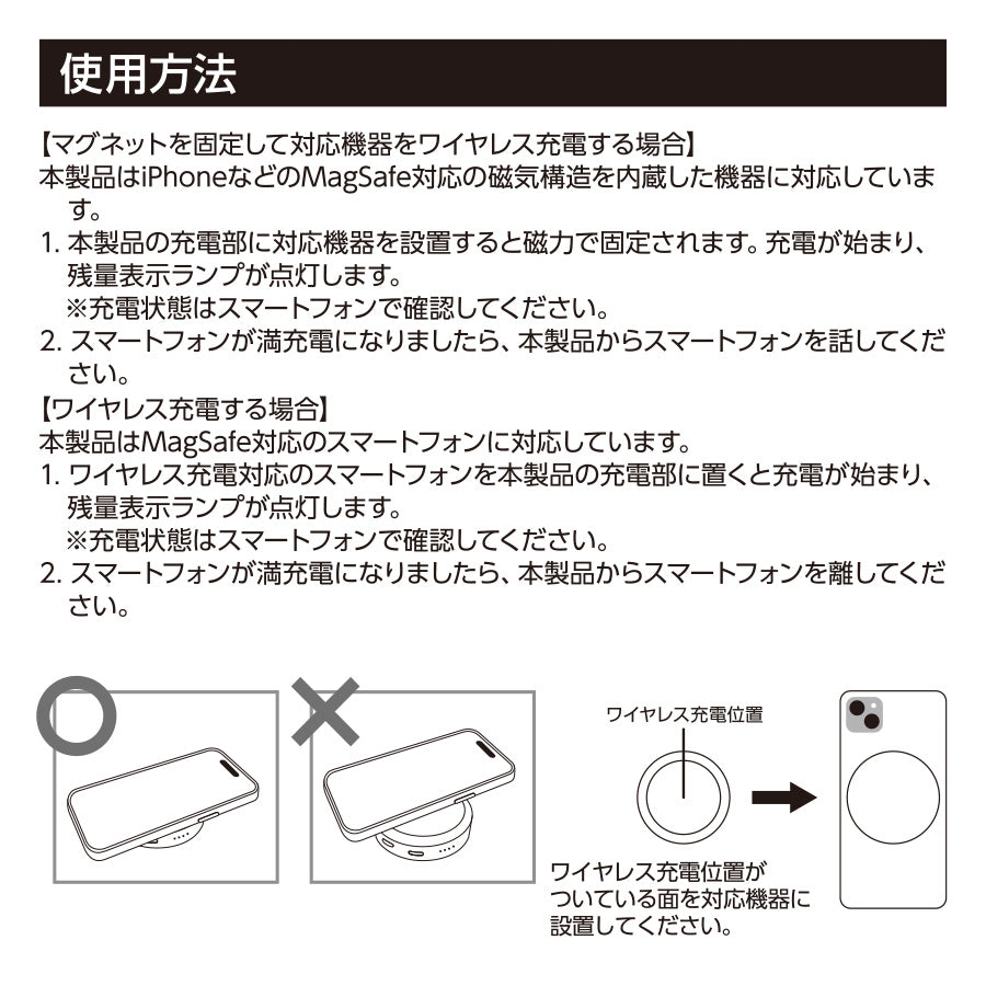 マグネット対応ワイヤレスモバイルチャージャー2500（準固体使用）　使用方法