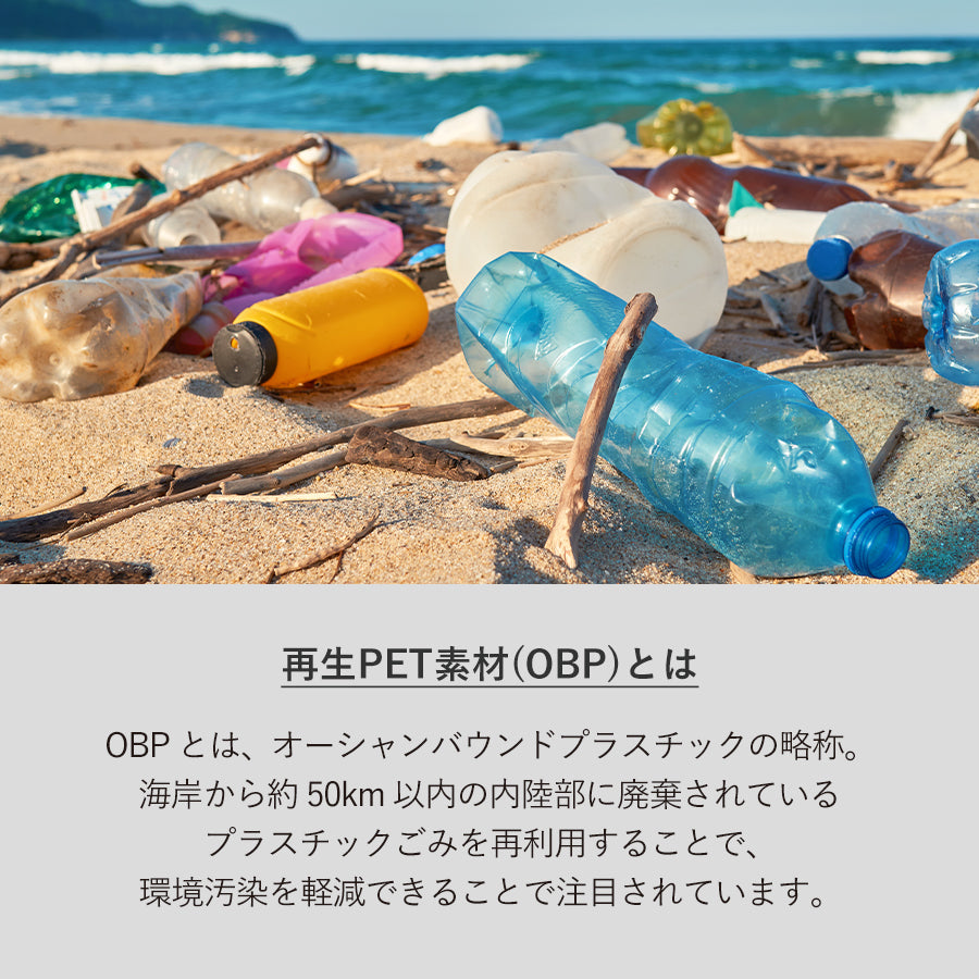 OBPサコッシュ（再生PET）はプラスチックごみを再生利用しています