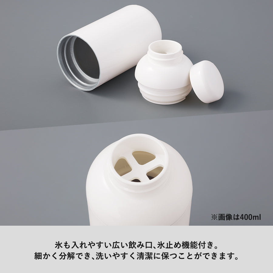 Maluttoサーモステンレスボトル400mlは氷も入れやすい広い飲み口、氷止め機能付きです