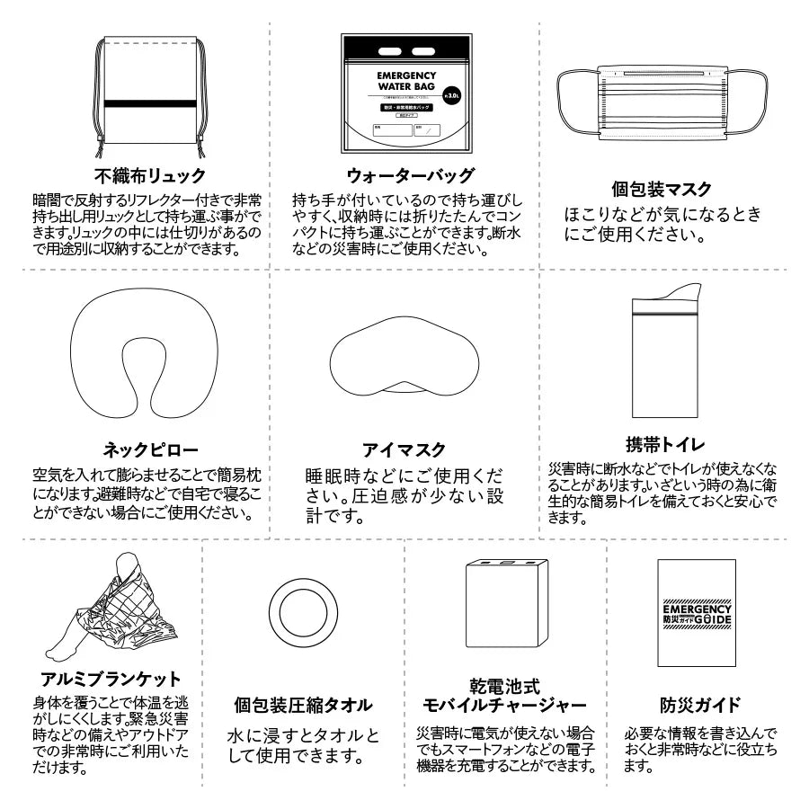 防災緊急10点セット　リュックタイプ　ブラック
