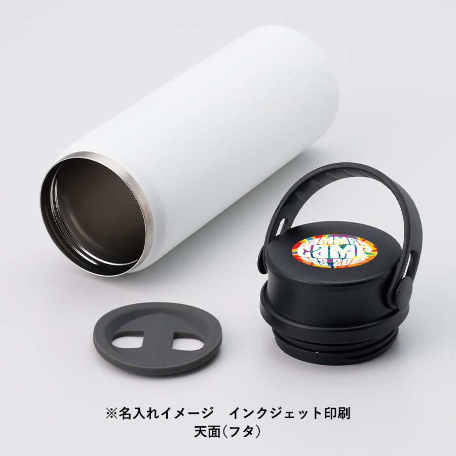 Zalattoサーモハンドルスタイルボトル350ml　ver.2にインクジェット印刷で名入れしたイメージ　天面(フタ)