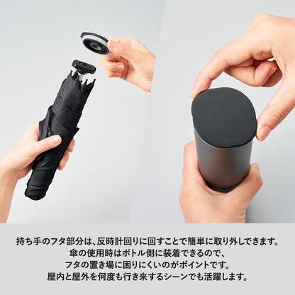 スリムアルミボトルUV折りたたみ傘は持ち手のフタ部分は反時計回りに回すことで簡単に取り外しできます