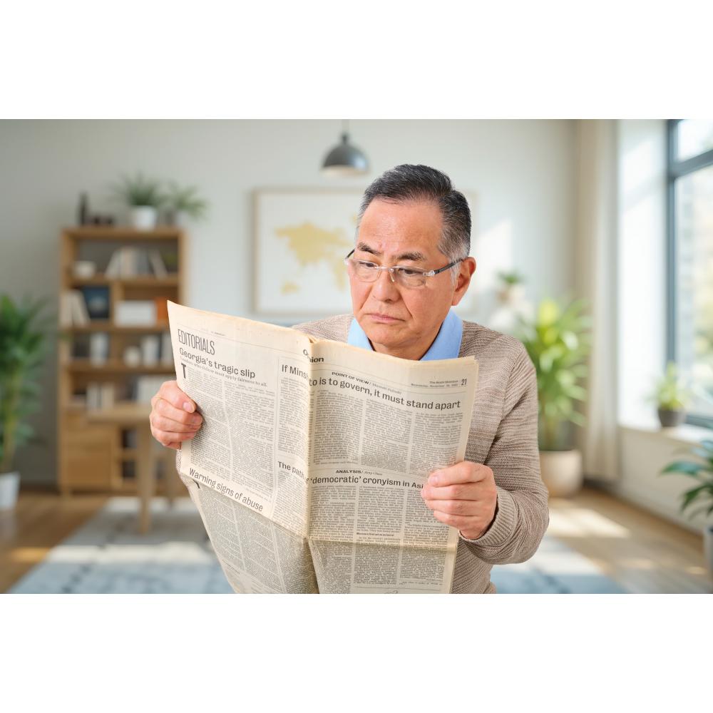 メガネ型ルーペを着用し新聞を読んでいる男性