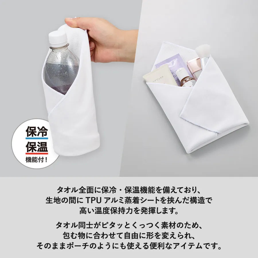 ピタットくっつく保冷保温タオル　タオル同士がピタッとくっつく素材