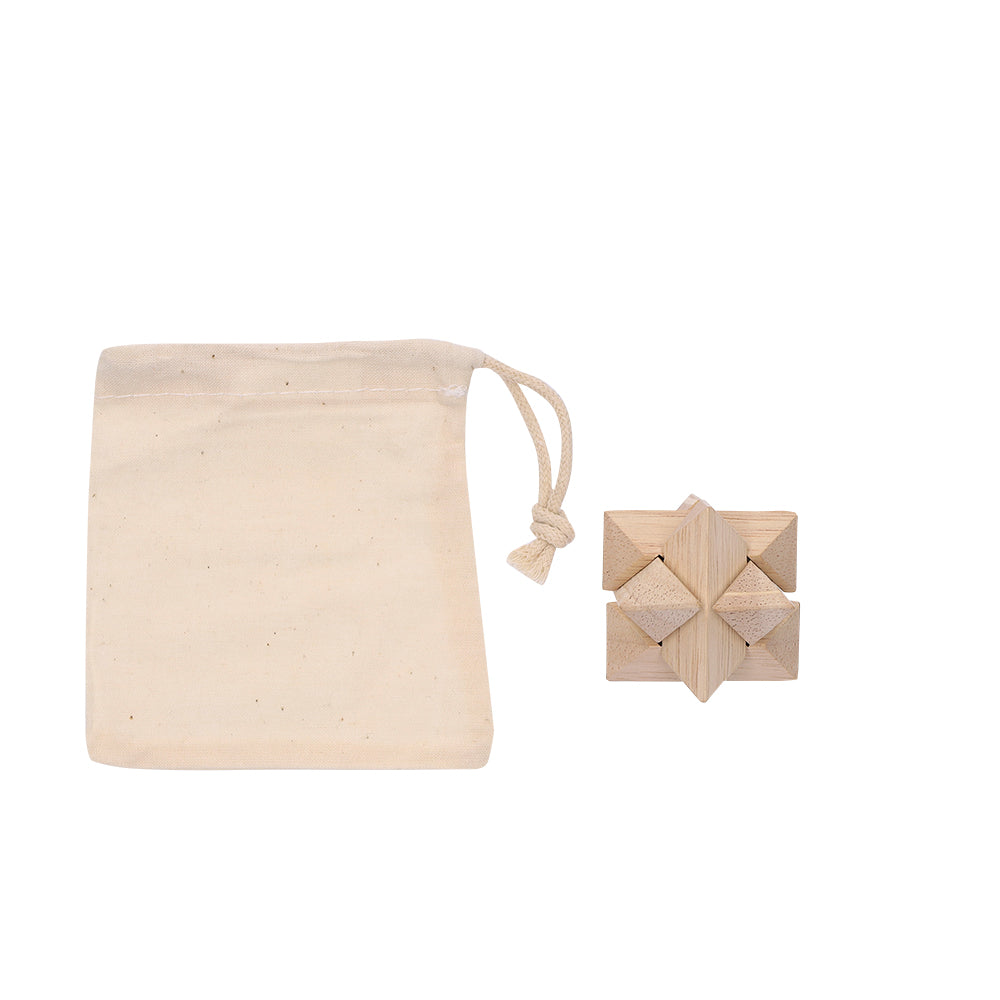 木製立体パズル　袋と木製立体パズル