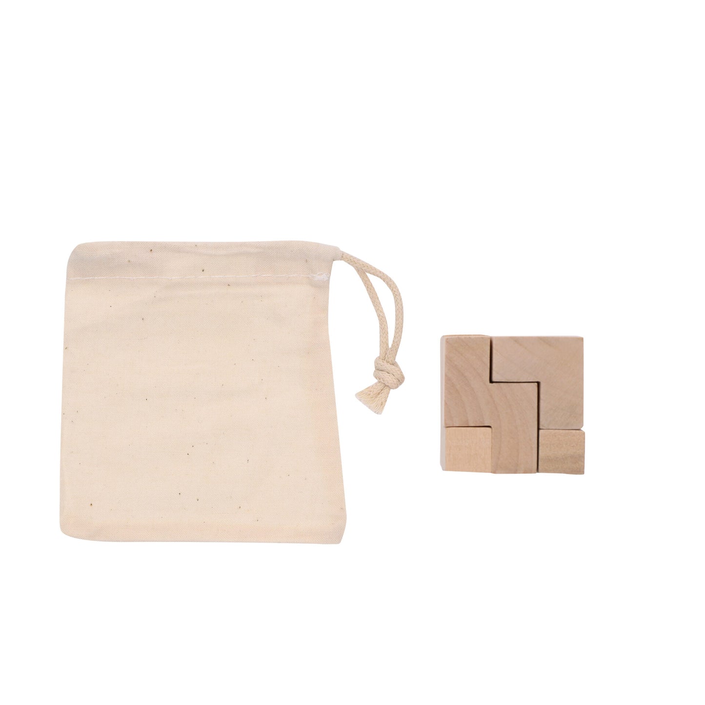 木製立体パズル　袋と組み立て木製パズル